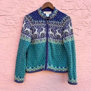 Norm Thompson Full Zip Sweater Jacket Reindeer Holiday Christmas Size Small